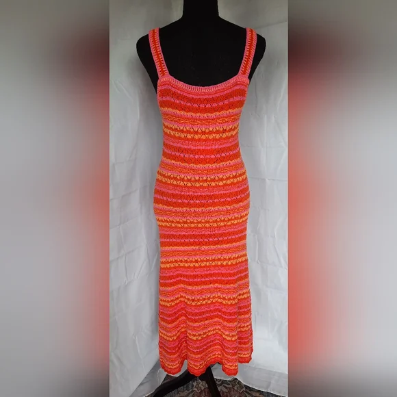 NWT Jessica Simpson Crochet Maxi Dress Size Med Orange Pink Open Knit Boho - Picture 9 of 15